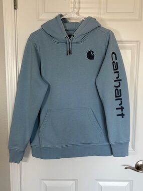 Carhartt Men's Dusty Blue Pullover Hoodie with Sleeve Logo